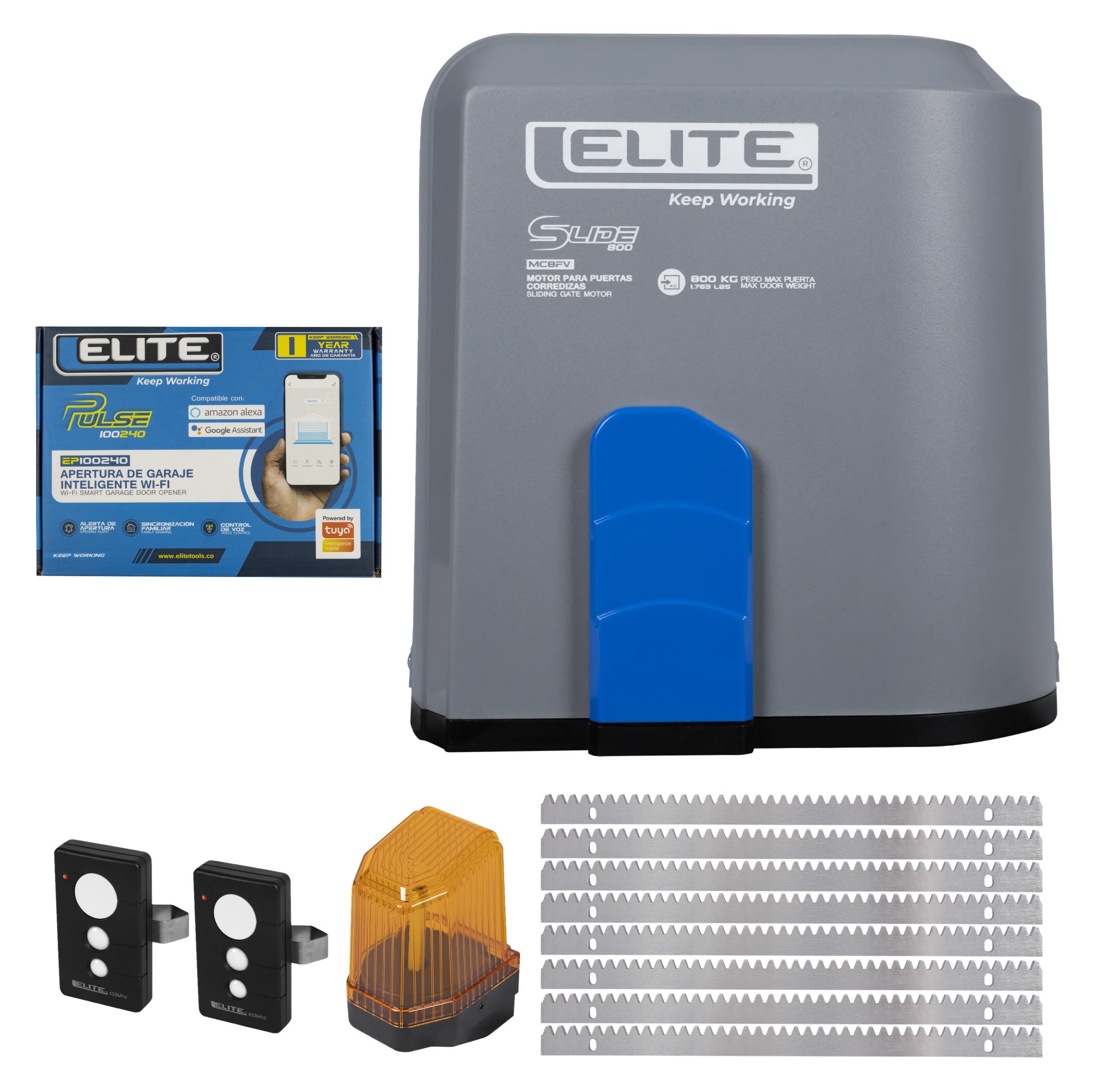 mc8 + wifi Motor para puertas corredizas de 800 kg MC8FV Elite + Módulo O Sistema Wifi Universal Para Motores Elite Compatible Con Tuya, Amazon Alexa Y Google Assistant + 5 Metros de Cremallera + Lampara Destellante - Imagen 1